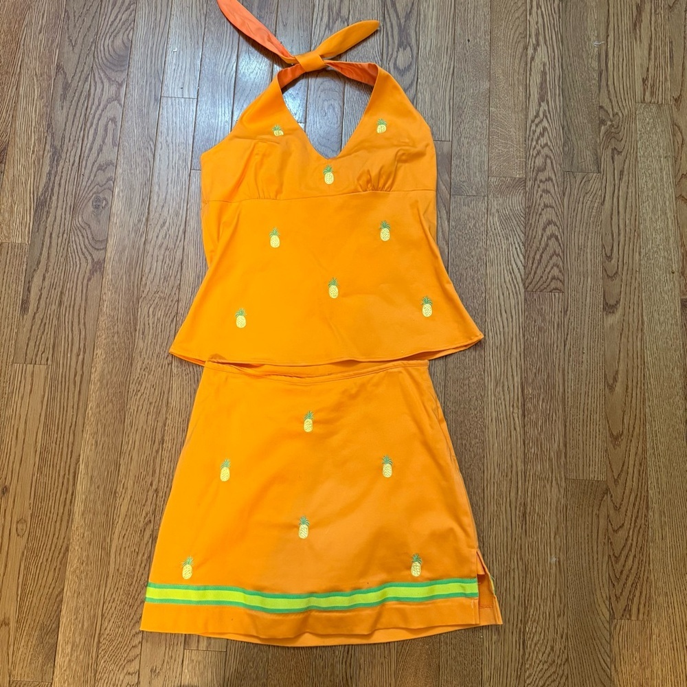 Women’s Small Petite Halter Skort 2 Piece Set Beachy y2k 90s Preppy Pineapple